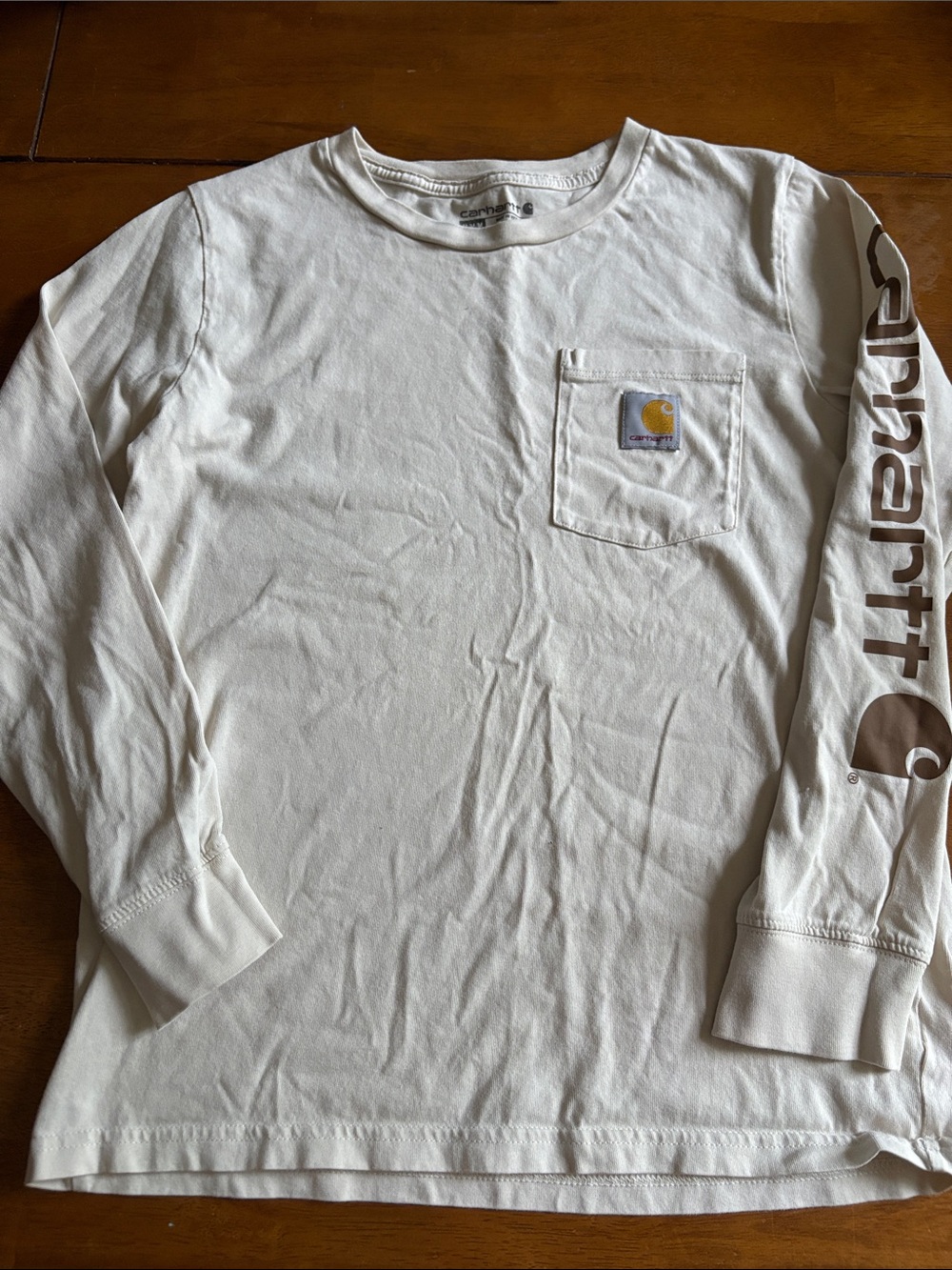 Carhartt Boys Long-Sleeve Pocket Tee — Cream with Brown Sleeve Log